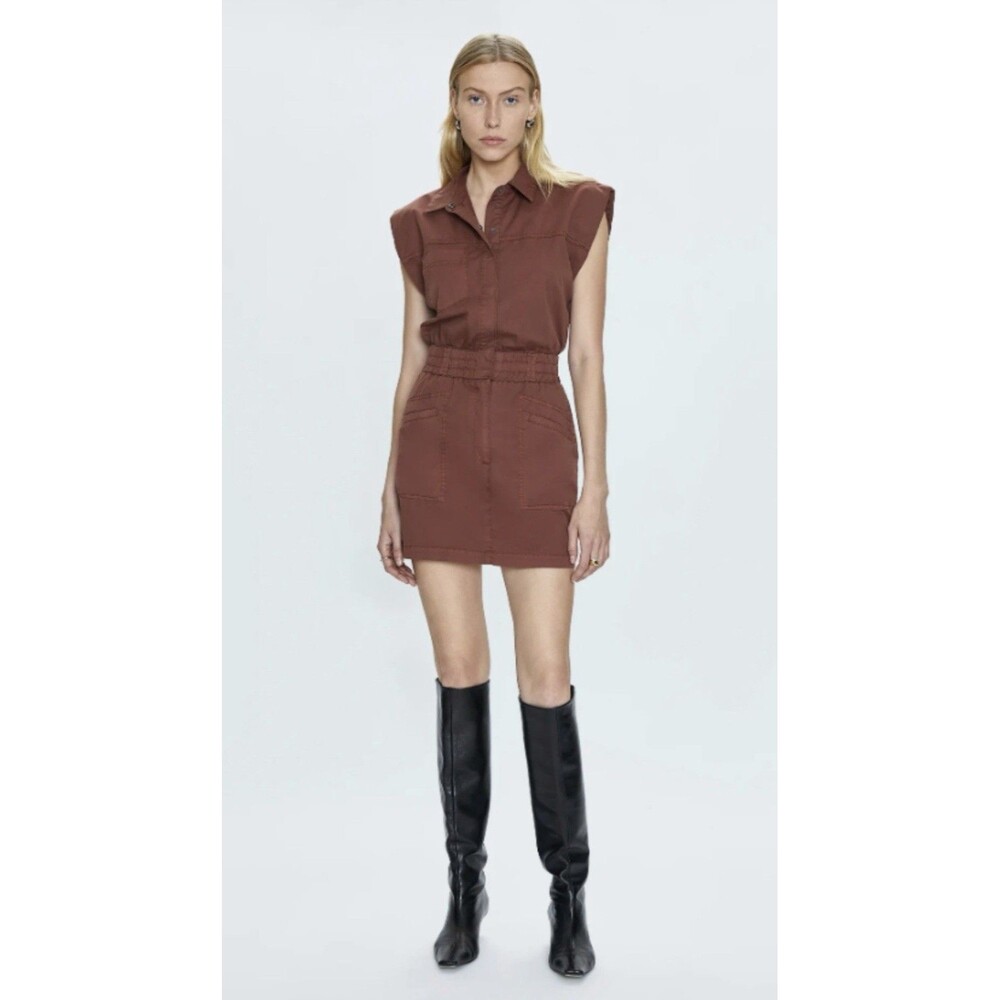 Pistola Rosie Utility Stretch Cotton Poplin Collared Mini Dress Brown Size L